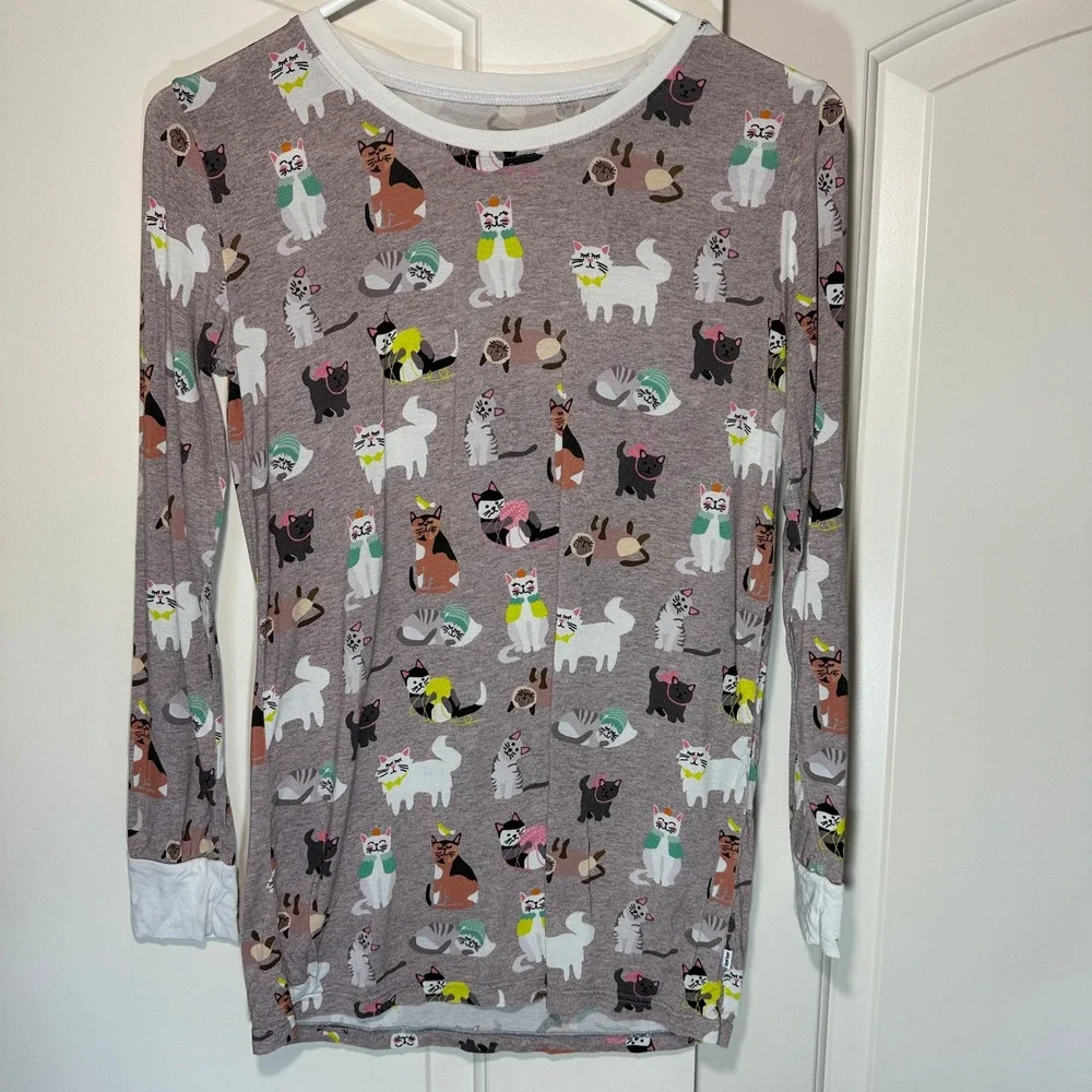 Little Sleepies Pajama‎ Top 16 Gray Cozy Cats Print Lunaluxe Bamboo Long Sleeve